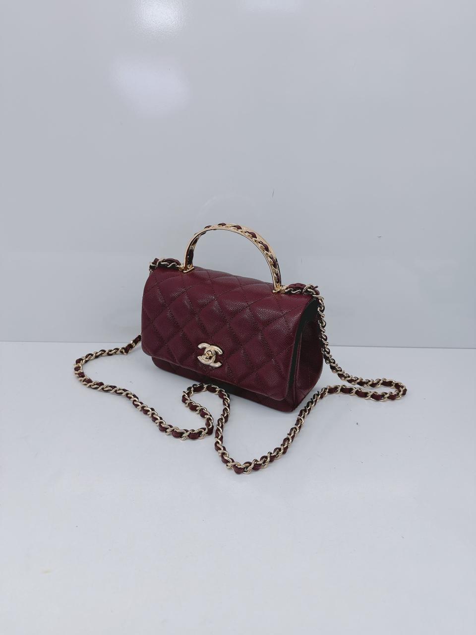 BURGUNDY GRAINED SHINY CALFSKIN LEATHER MINI FLAP BAG WITH TOP HANDLE
