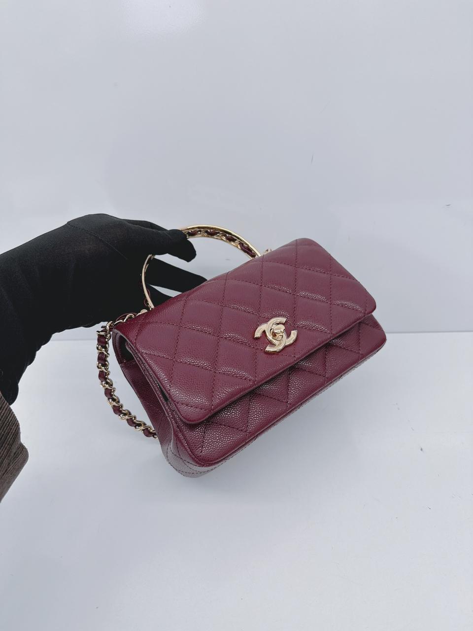 BURGUNDY GRAINED SHINY CALFSKIN LEATHER MINI FLAP BAG WITH TOP HANDLE
