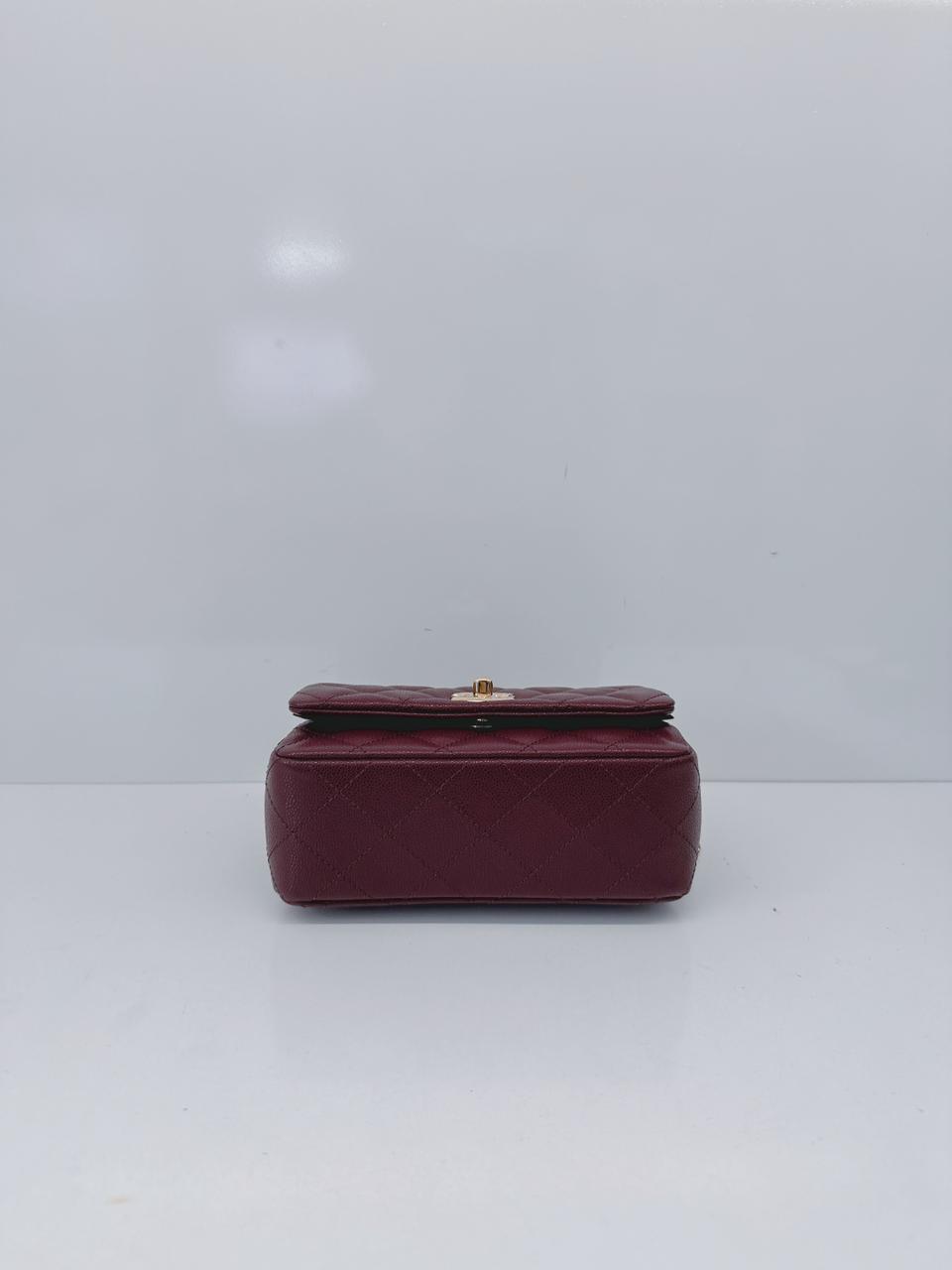 BURGUNDY GRAINED SHINY CALFSKIN LEATHER MINI FLAP BAG WITH TOP HANDLE