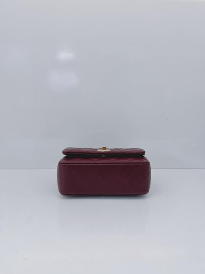 BURGUNDY GRAINED SHINY CALFSKIN LEATHER MINI FLAP BAG WITH TOP HANDLE