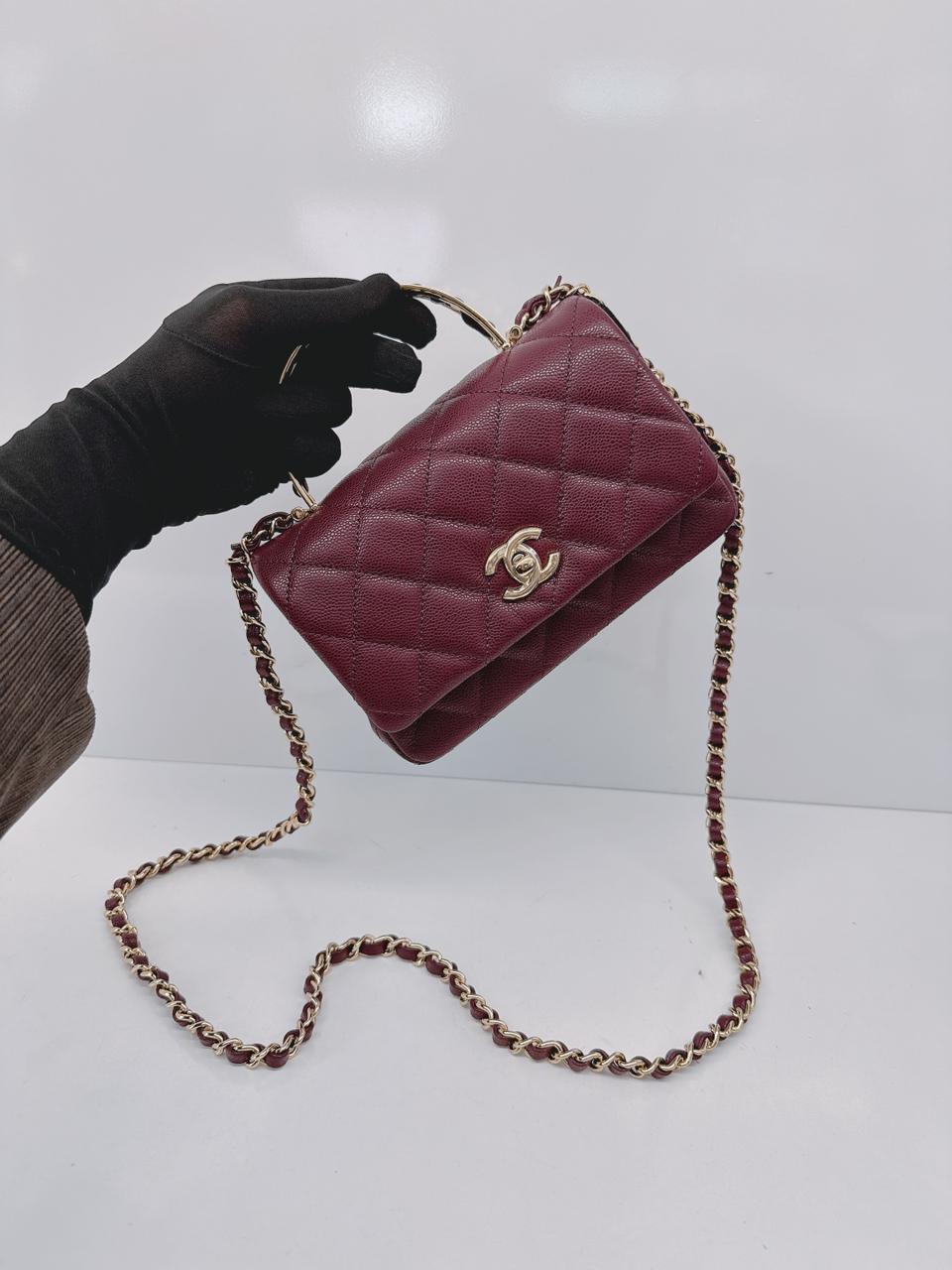 BURGUNDY GRAINED SHINY CALFSKIN LEATHER MINI FLAP BAG WITH TOP HANDLE