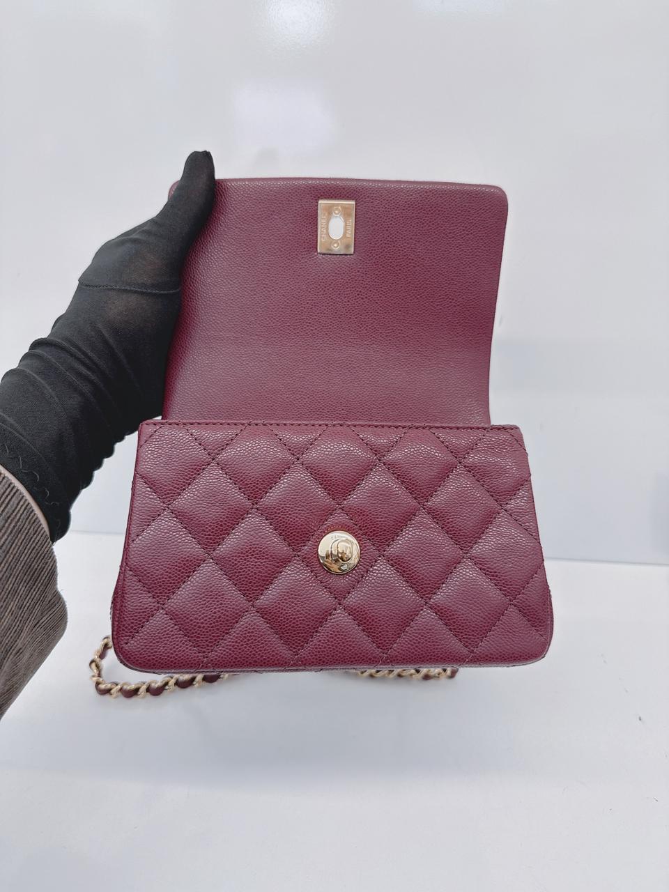 BURGUNDY GRAINED SHINY CALFSKIN LEATHER MINI FLAP BAG WITH TOP HANDLE