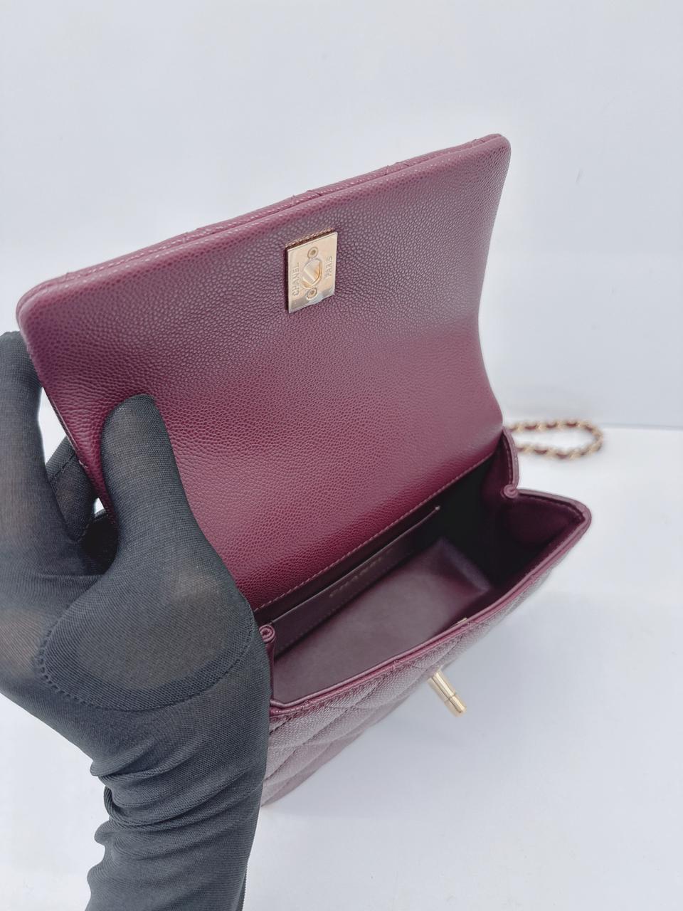 BURGUNDY GRAINED SHINY CALFSKIN LEATHER MINI FLAP BAG WITH TOP HANDLE