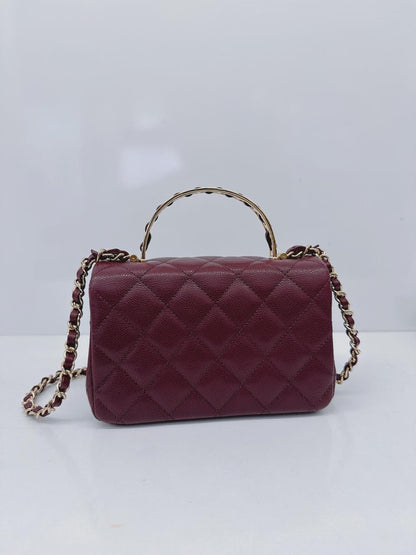 BURGUNDY GRAINED SHINY CALFSKIN LEATHER MINI FLAP BAG WITH TOP HANDLE