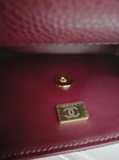 BURGUNDY GRAINED SHINY CALFSKIN LEATHER MINI FLAP BAG WITH TOP HANDLE