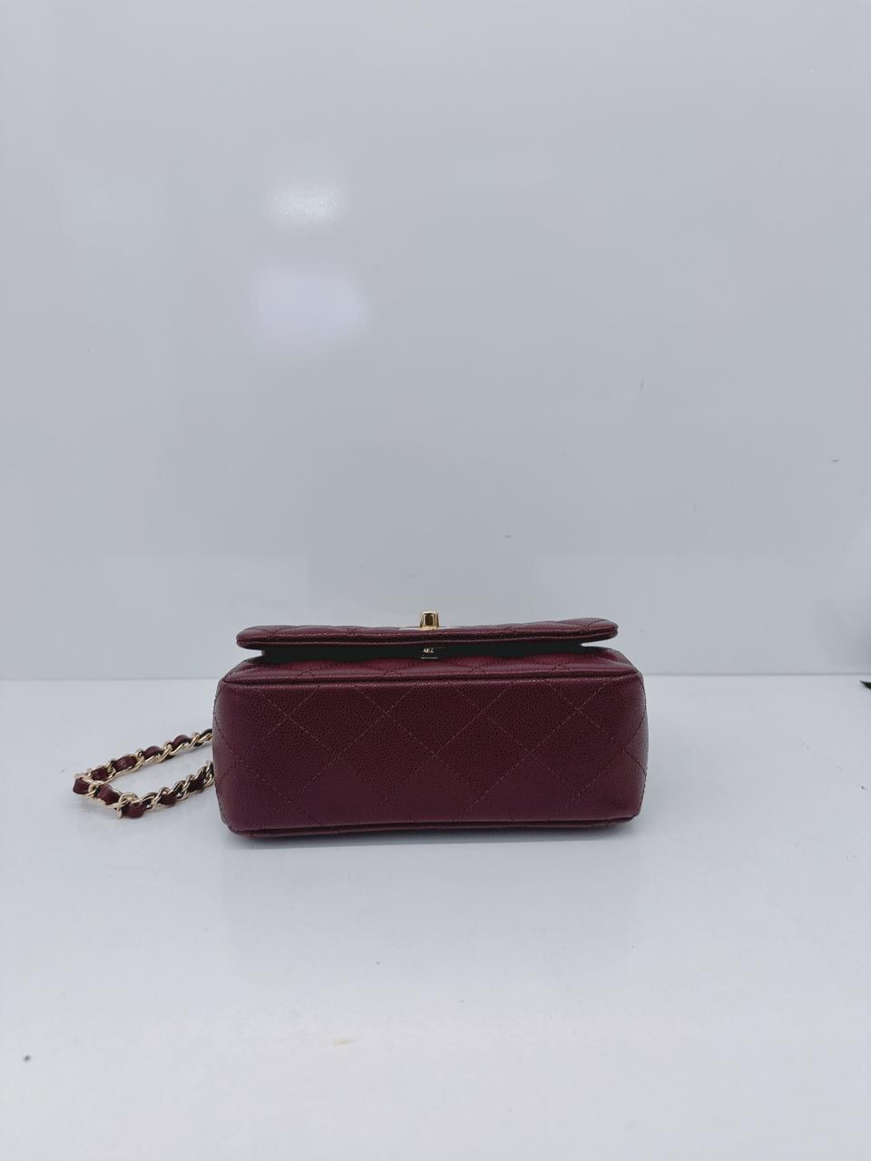 BURGUNDY GRAINED SHINY CALFSKIN LEATHER MINI FLAP BAG WITH TOP HANDLE