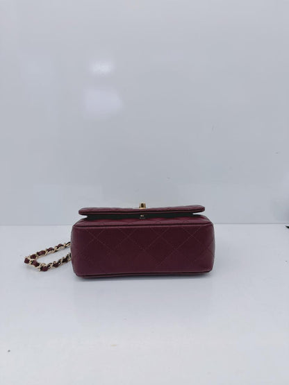 BURGUNDY GRAINED SHINY CALFSKIN LEATHER MINI FLAP BAG WITH TOP HANDLE