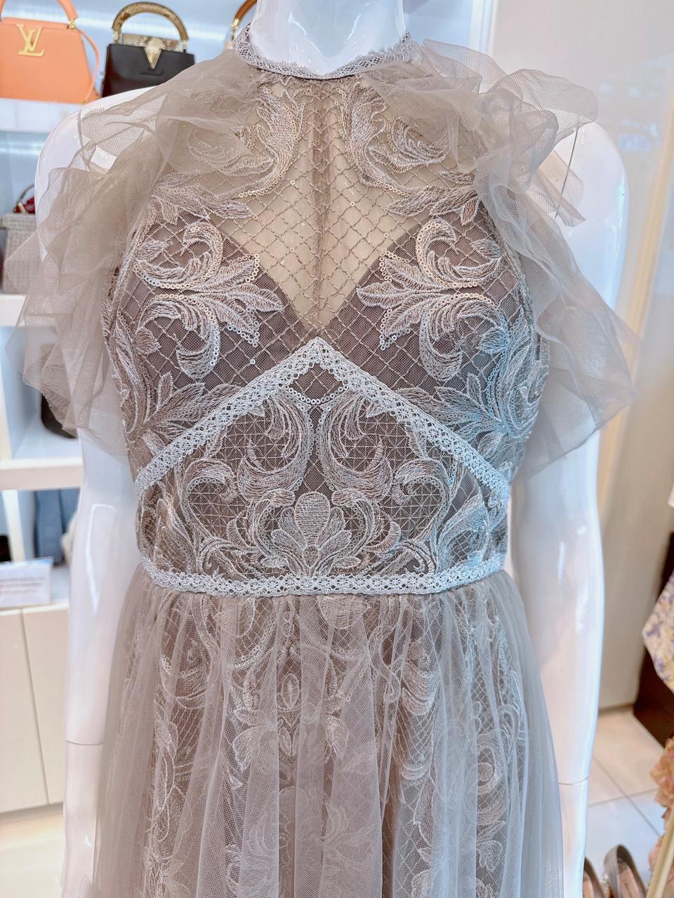 GREY TULLE HALTERNECK GOWN