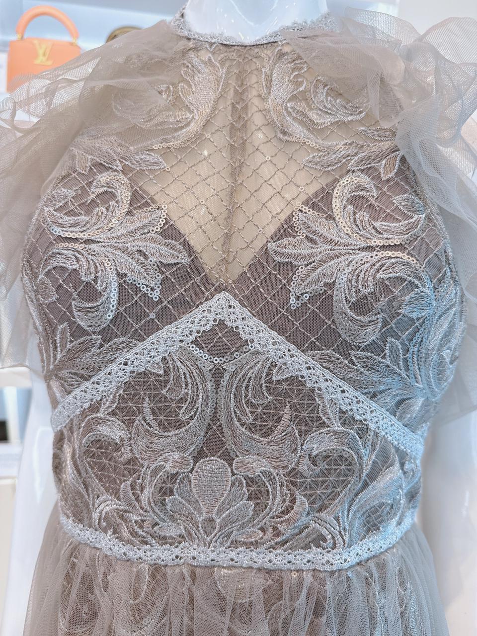GREY TULLE HALTERNECK GOWN