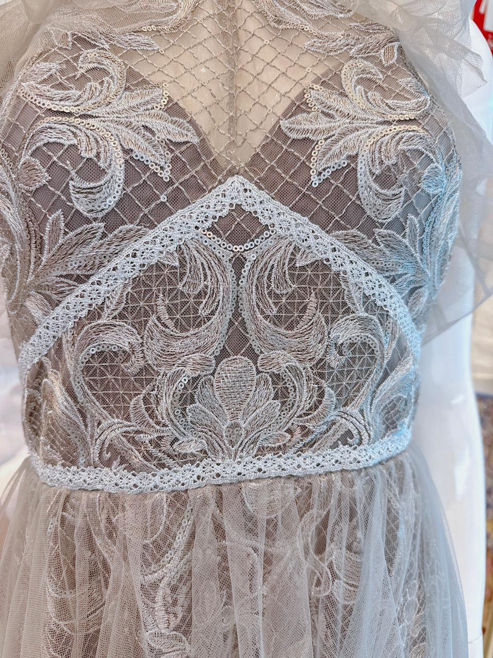 GREY TULLE HALTERNECK GOWN