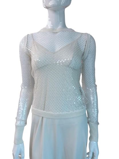GAULTIER WHITE SEQUINED NET LONGSLEEVE TOP 36
