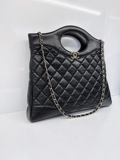 BLACK LAMBSKIN LEATHER LARGE CHANEL 31 SHOPPING BAG GOLD HARDWARE