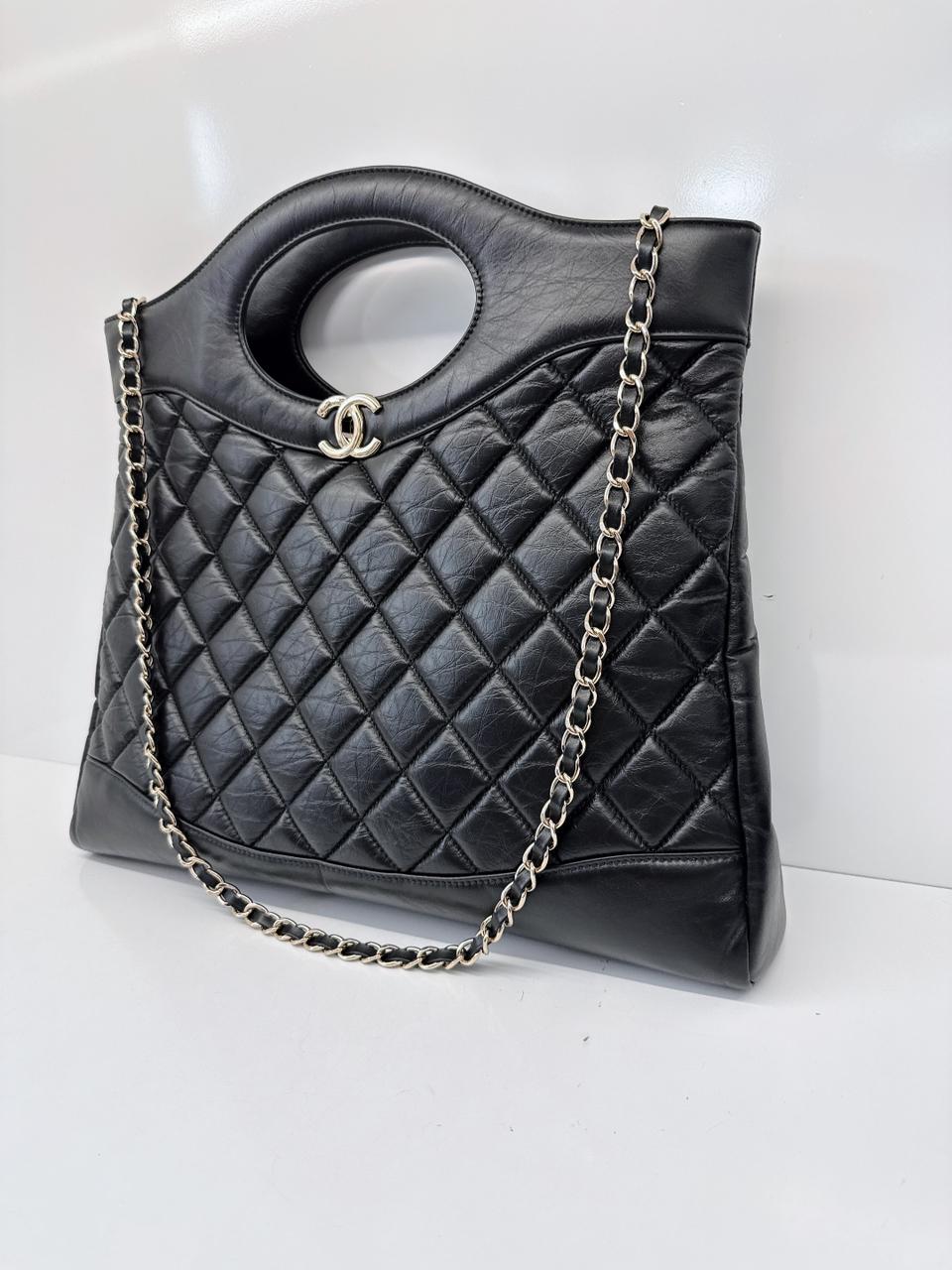 BLACK LAMBSKIN LEATHER LARGE CHANEL 31 SHOPPING BAG GOLD HARDWARE