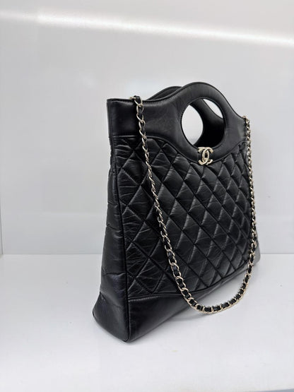BLACK LAMBSKIN LEATHER LARGE CHANEL 31 SHOPPING BAG GOLD HARDWARE