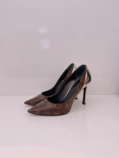 BROWN GOLD MONOGRAM CANVAS AND LEATHER CHERIE PUMPS 36.5