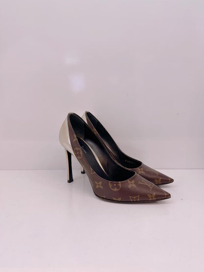 BROWN GOLD MONOGRAM CANVAS AND LEATHER CHERIE PUMPS 36.5