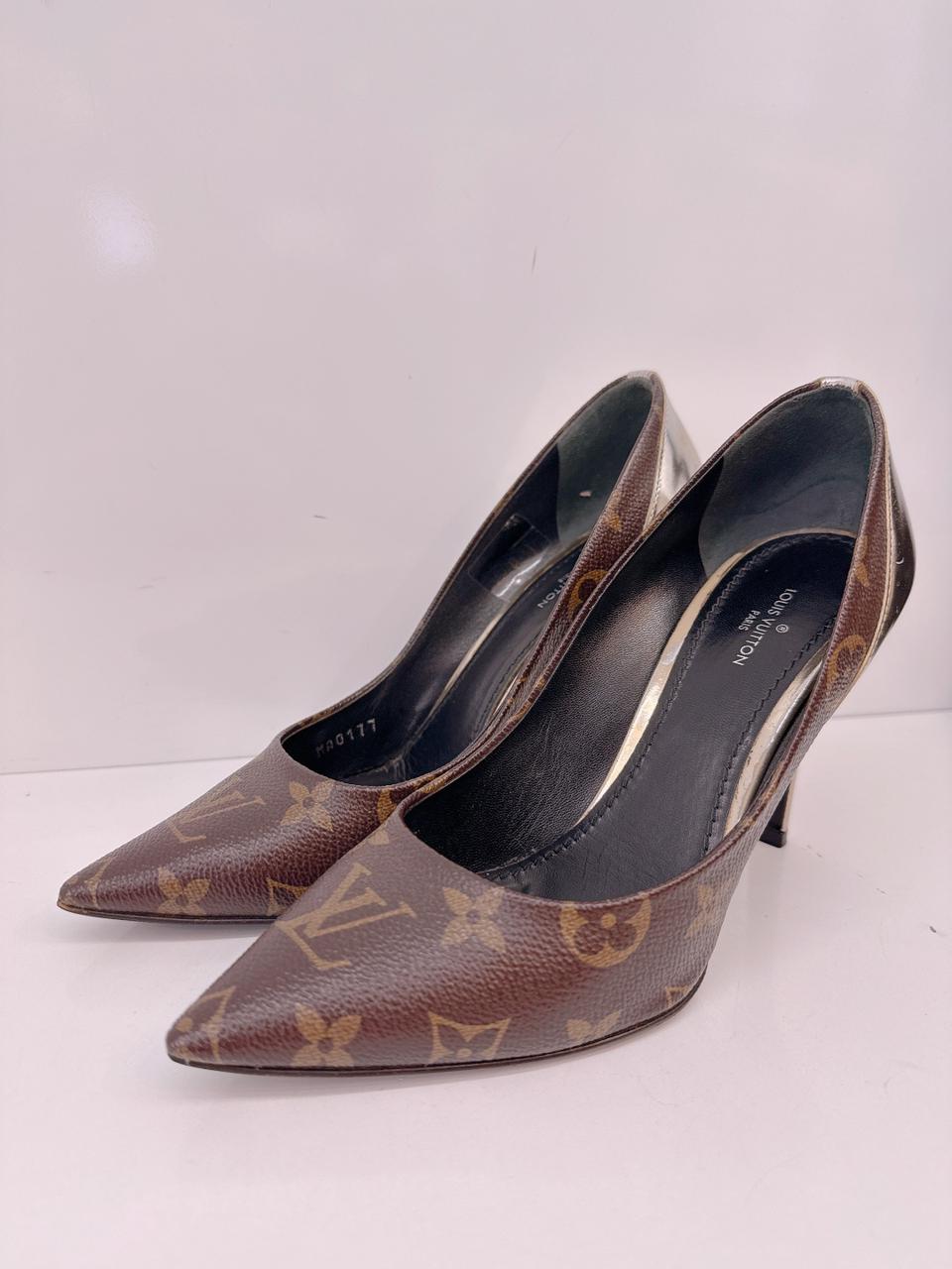 BROWN GOLD MONOGRAM CANVAS AND LEATHER CHERIE PUMPS 36.5