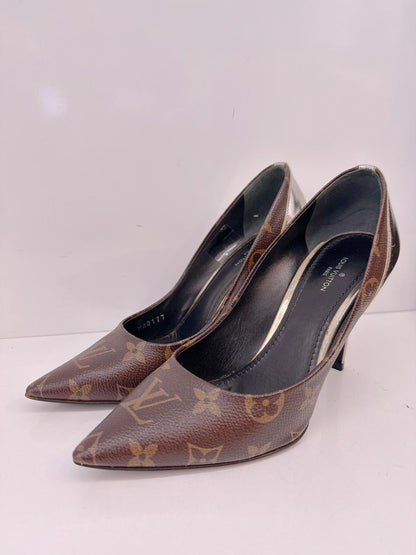 BROWN GOLD MONOGRAM CANVAS AND LEATHER CHERIE PUMPS 36.5