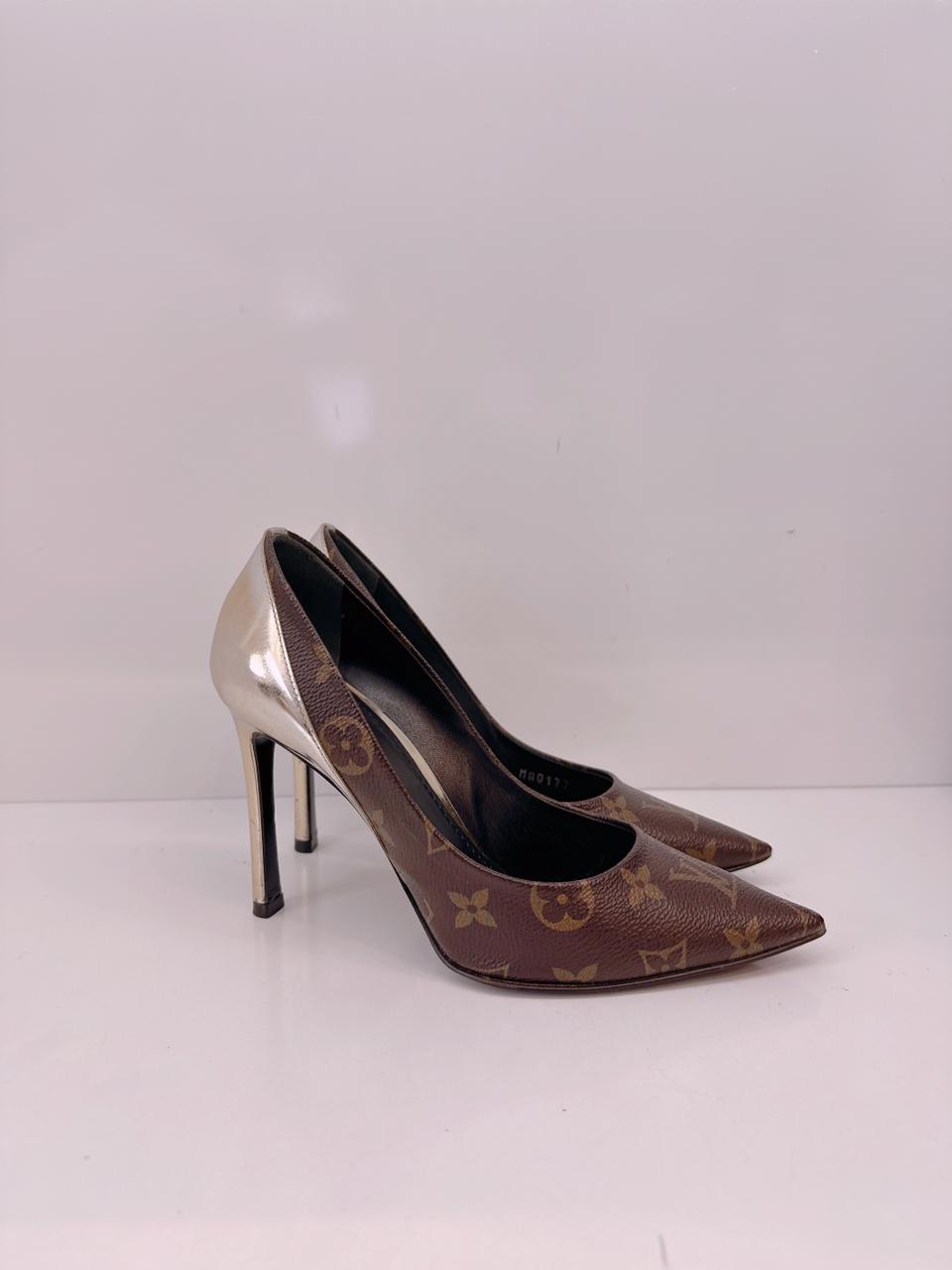 BROWN GOLD MONOGRAM CANVAS AND LEATHER CHERIE PUMPS 36.5