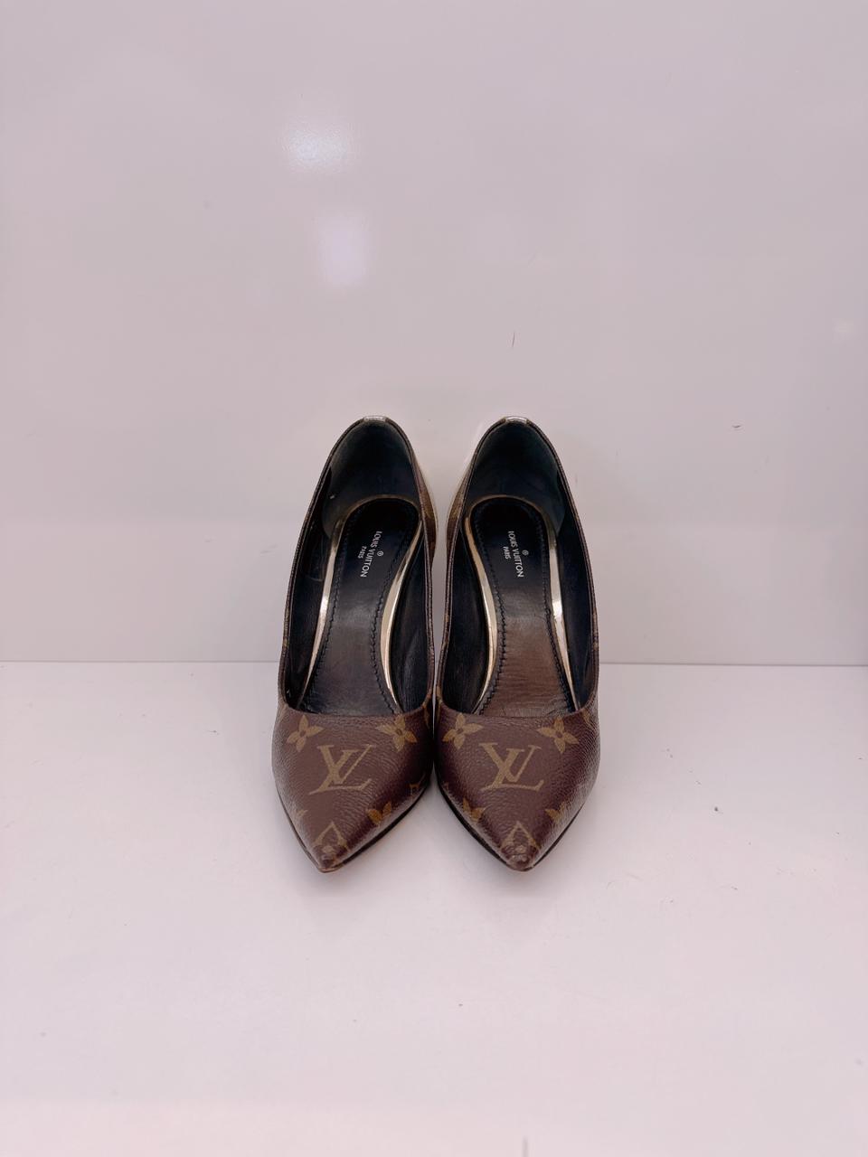 BROWN GOLD MONOGRAM CANVAS AND LEATHER CHERIE PUMPS 36.5