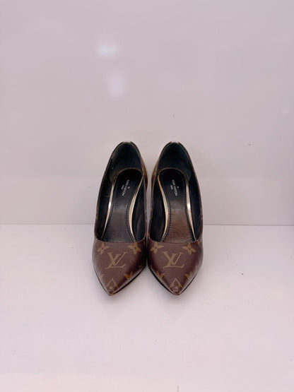 BROWN GOLD MONOGRAM CANVAS AND LEATHER CHERIE PUMPS 36.5