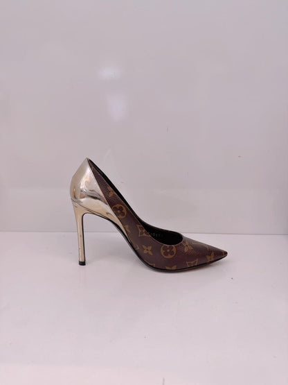 BROWN GOLD MONOGRAM CANVAS AND LEATHER CHERIE PUMPS 36.5