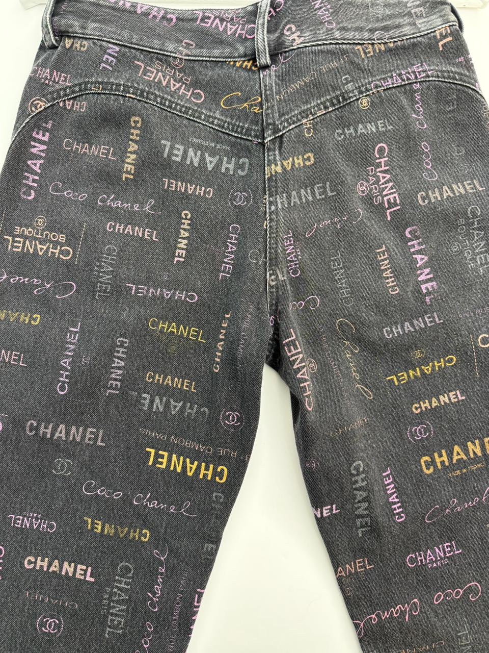 BLACK LOGO PRINT DENIM WIDE LEG JEANS 36