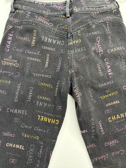 BLACK LOGO PRINT DENIM WIDE LEG JEANS 36