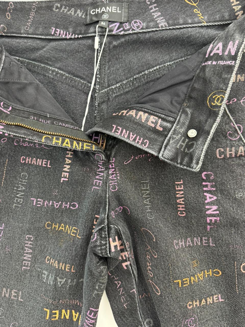 BLACK LOGO PRINT DENIM WIDE LEG JEANS 36