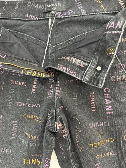 BLACK LOGO PRINT DENIM WIDE LEG JEANS 36