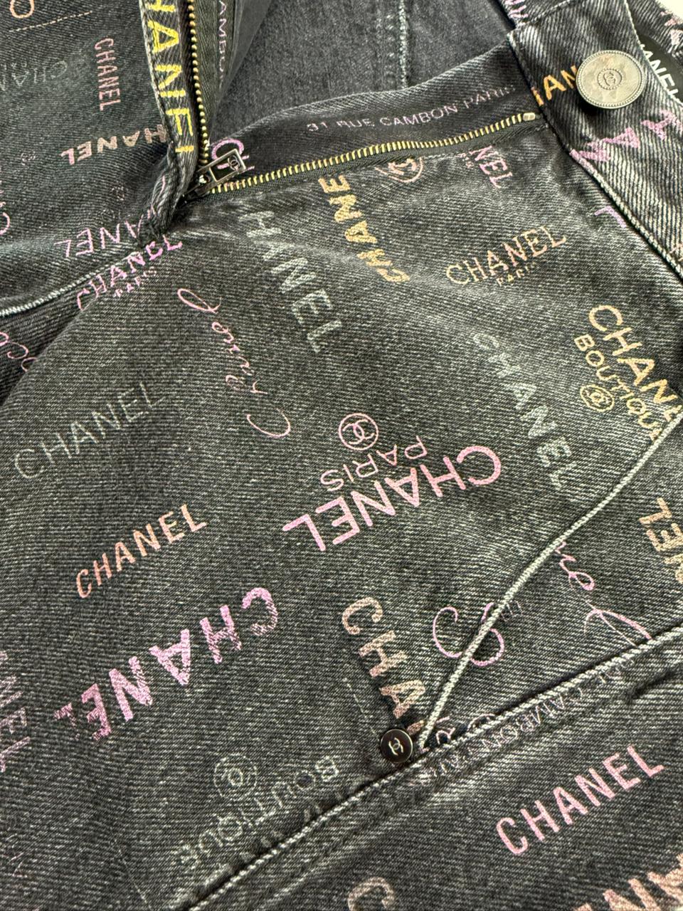 BLACK LOGO PRINT DENIM WIDE LEG JEANS 36