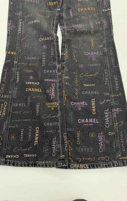 BLACK LOGO PRINT DENIM WIDE LEG JEANS 36