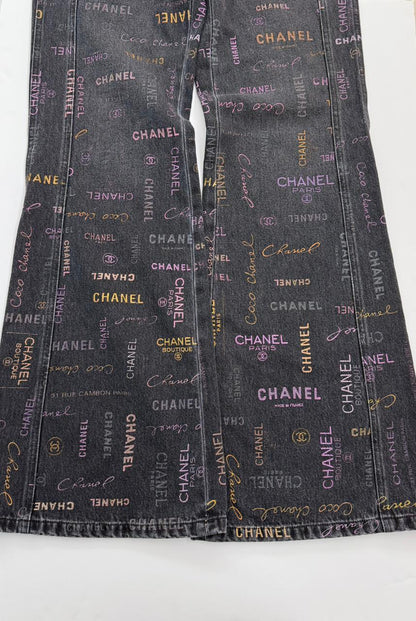BLACK LOGO PRINT DENIM WIDE LEG JEANS 36
