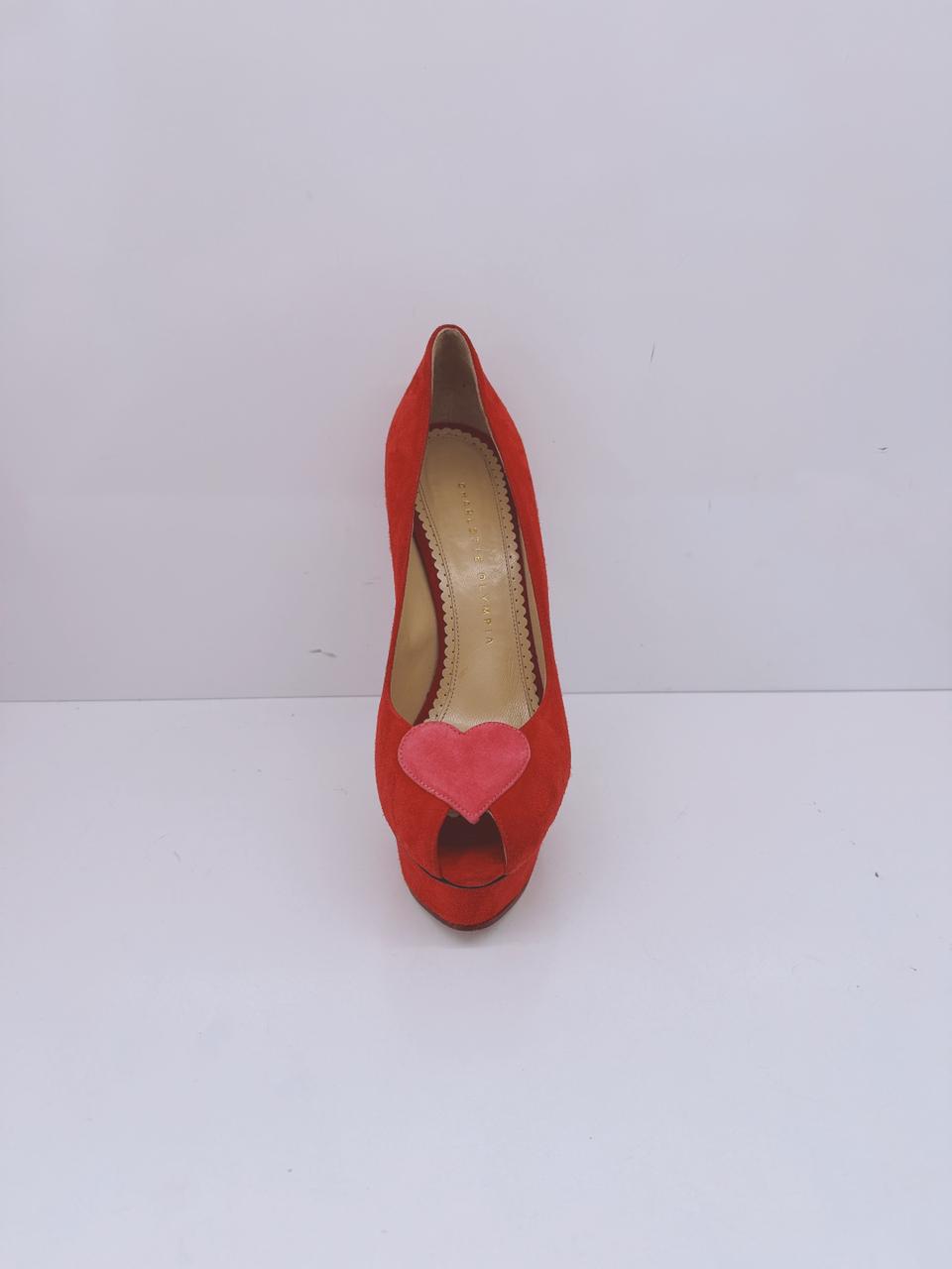 RED SUEDE DELPHINE HEART DETAIL PLATFORM PUMPS 38