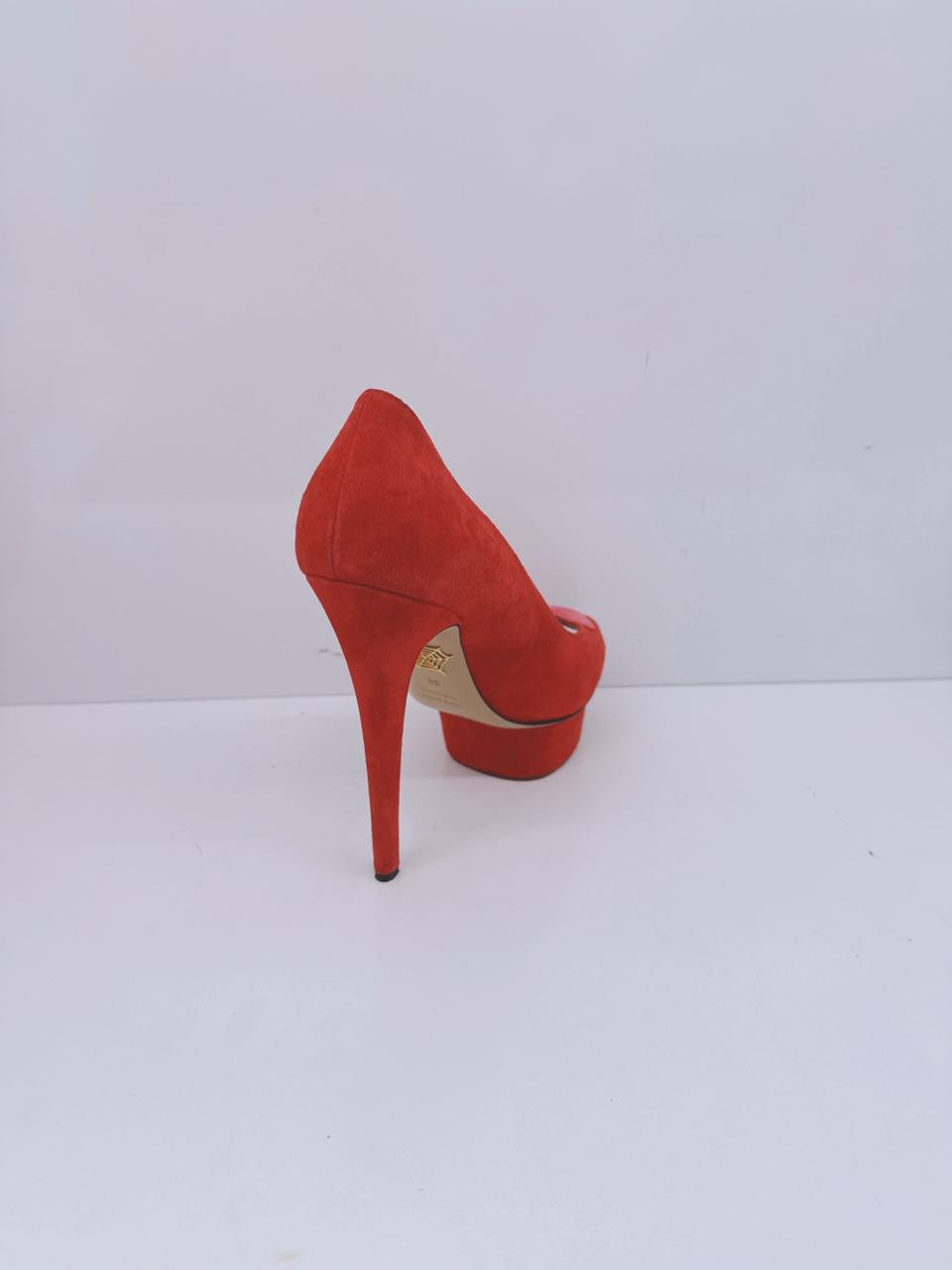 RED SUEDE DELPHINE HEART DETAIL PLATFORM PUMPS 38