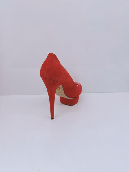 RED SUEDE DELPHINE HEART DETAIL PLATFORM PUMPS 38