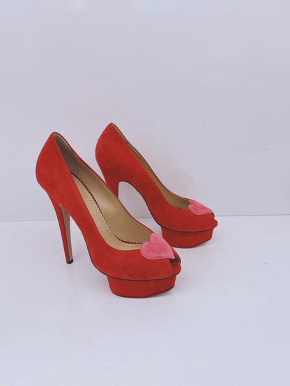RED SUEDE DELPHINE HEART DETAIL PLATFORM PUMPS 38