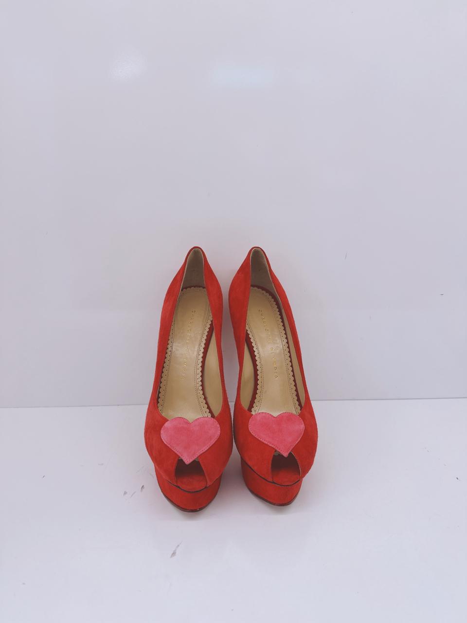RED SUEDE DELPHINE HEART DETAIL PLATFORM PUMPS 38