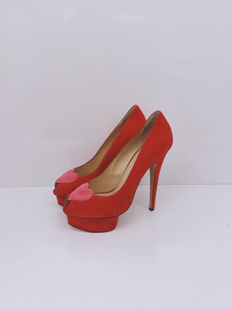 RED SUEDE DELPHINE HEART DETAIL PLATFORM PUMPS 38