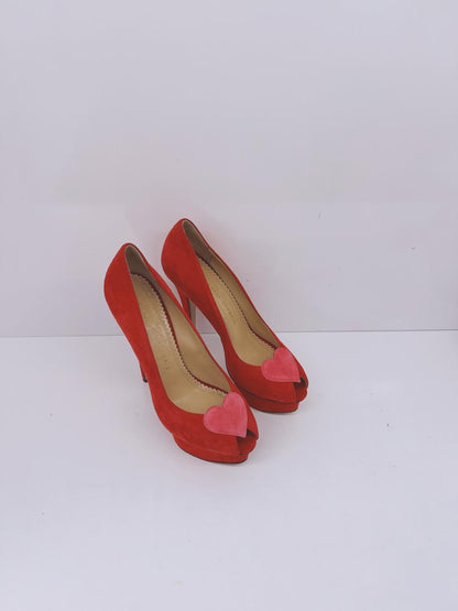 RED SUEDE DELPHINE HEART DETAIL PLATFORM PUMPS 38