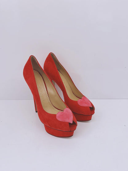 RED SUEDE DELPHINE HEART DETAIL PLATFORM PUMPS 38