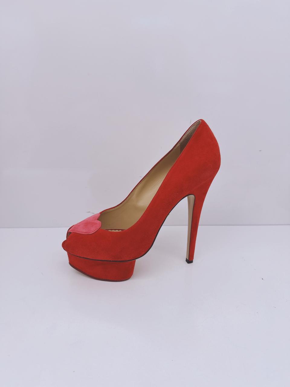 RED SUEDE DELPHINE HEART DETAIL PLATFORM PUMPS 38
