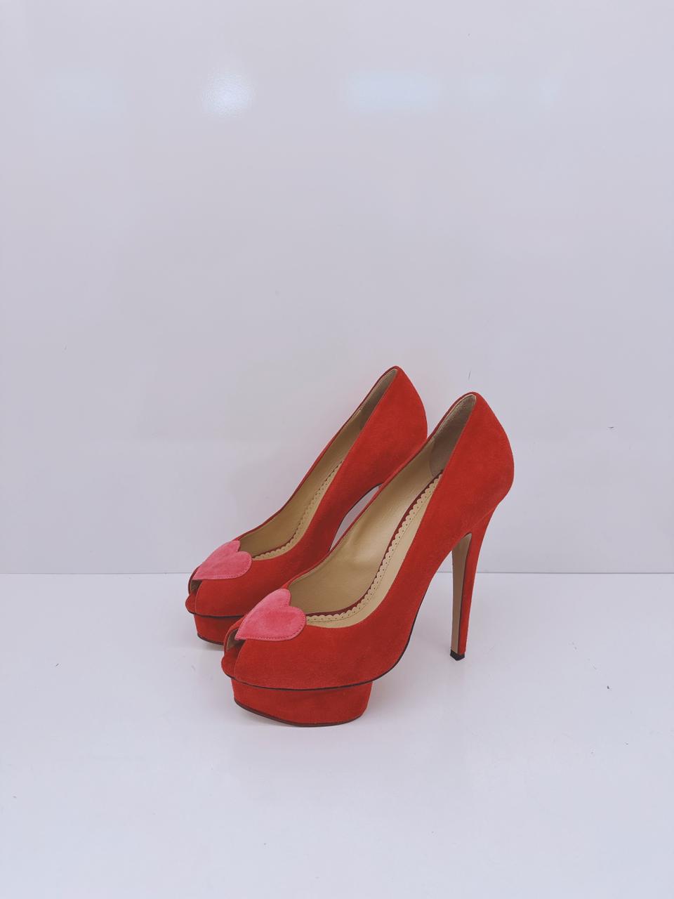 RED SUEDE DELPHINE HEART DETAIL PLATFORM PUMPS 38