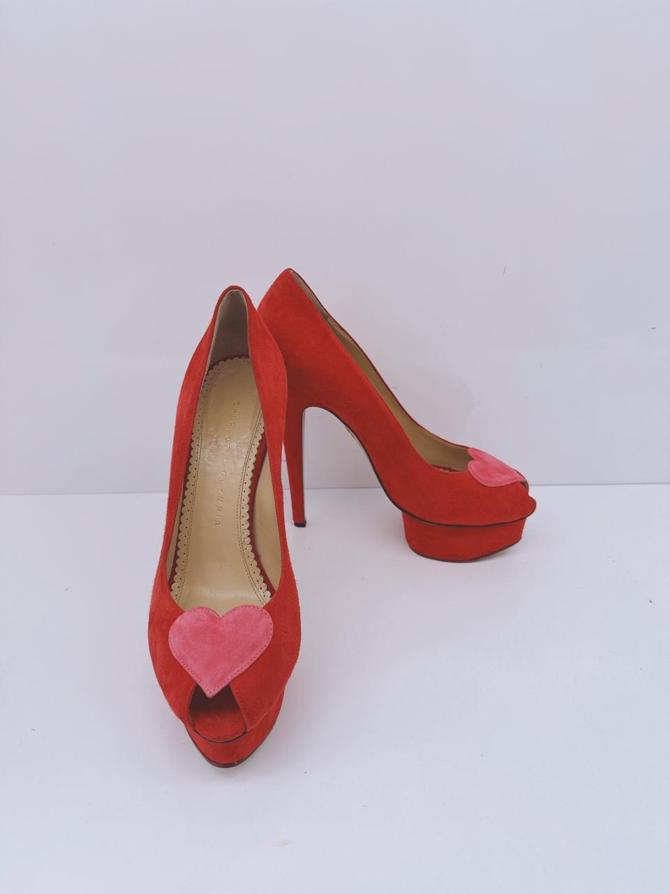 RED SUEDE DELPHINE HEART DETAIL PLATFORM PUMPS 38