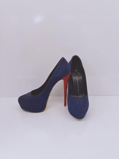 PURPLE AND RED CRYSTAL STUDDED SUEDE PLATFORM PUMPS 39.5