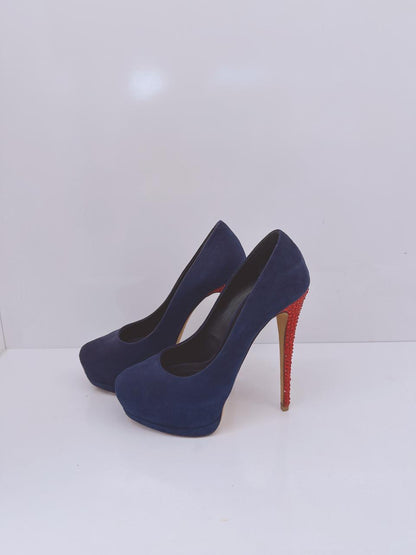 PURPLE AND RED CRYSTAL STUDDED SUEDE PLATFORM PUMPS 39.5