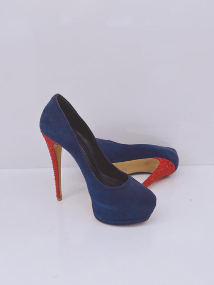 PURPLE AND RED CRYSTAL STUDDED SUEDE PLATFORM PUMPS 39.5