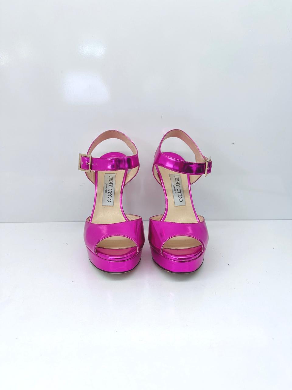 FUCHSIA PATENT LEATHER PEEP TOE PLATFORM ANKLE STRAP SANDALS 37