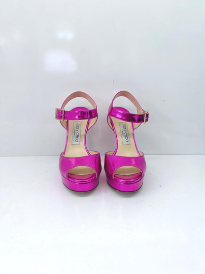 FUCHSIA PATENT LEATHER PEEP TOE PLATFORM ANKLE STRAP SANDALS 37
