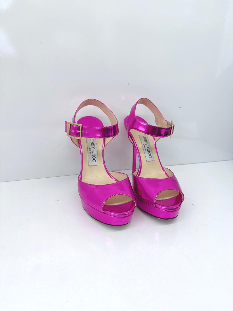 FUCHSIA PATENT LEATHER PEEP TOE PLATFORM ANKLE STRAP SANDALS 37